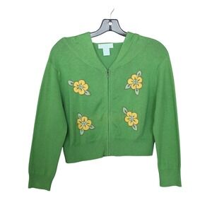 Edge Green Cropped Zip Hoodie Floral Embroidered Y2K